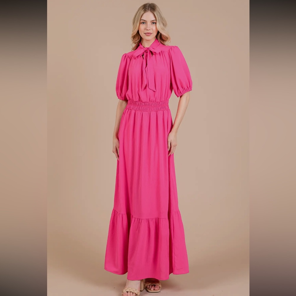 Boho Fabulous Bow Tie Neck Short Sleeve Maxi Dress